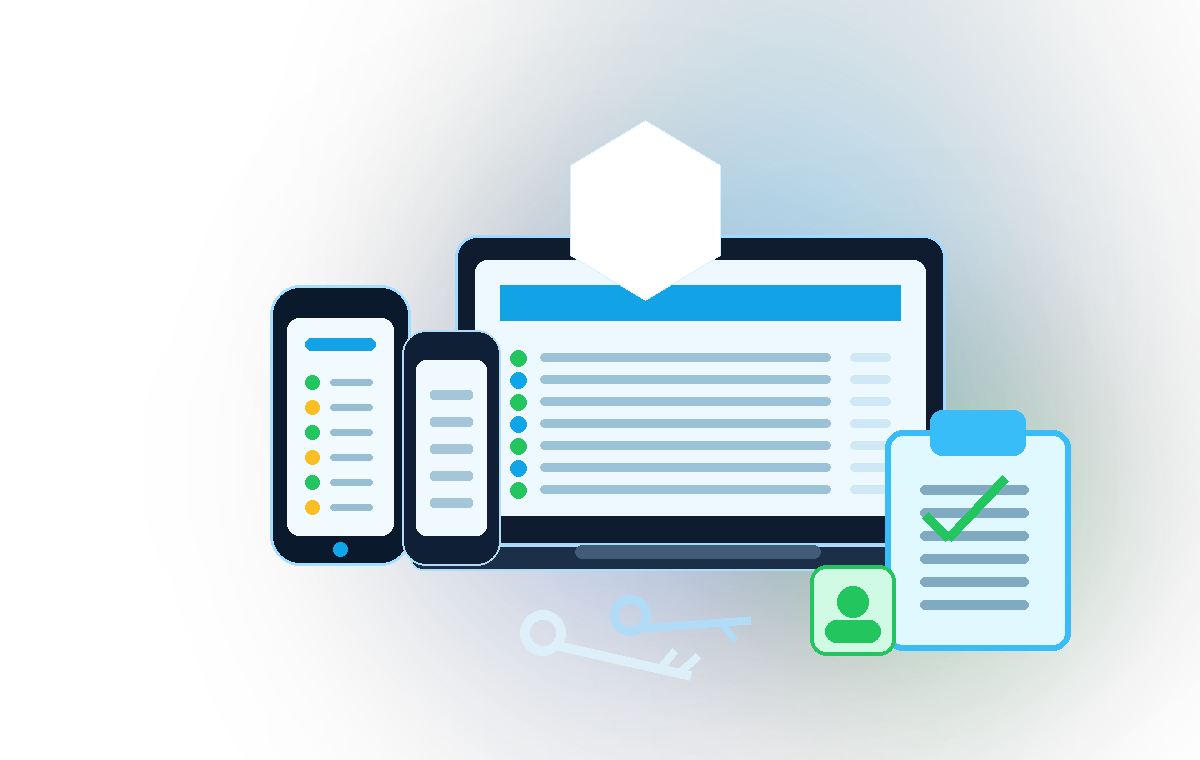 App-Illustration mit Geräten, Schlüssel und Protokoll